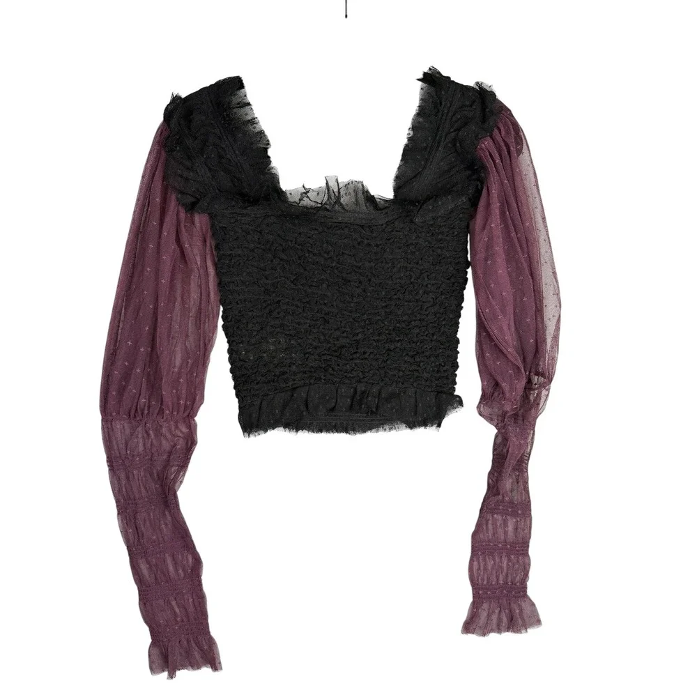 Free People Smocked Lace Crop Top Black Plum Purple Star Mesh Long Sleeve XS
